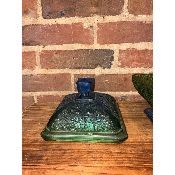 Jeannette Blue Green Glass Footed Candy Dish Grape Leaf - Picture 7 of 9